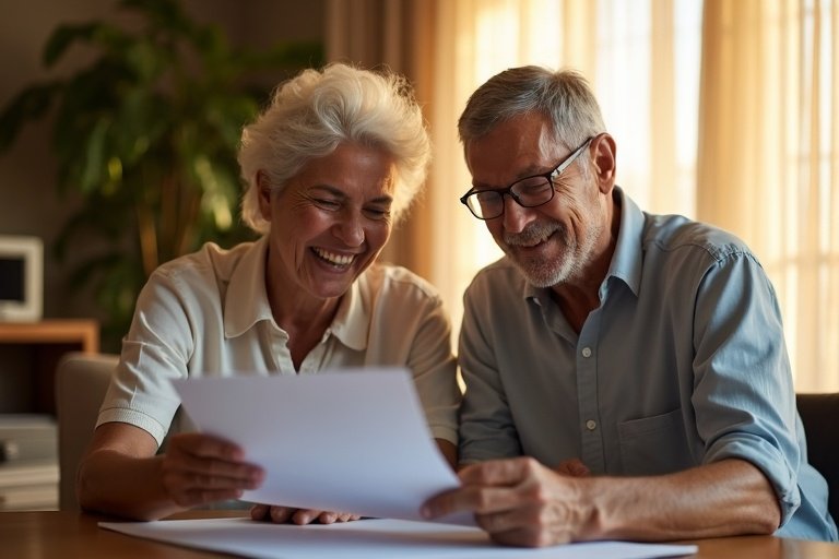 Casal analisando documentos com tranquilidade